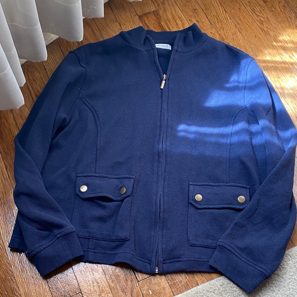 Navy blue zip up knit sweater